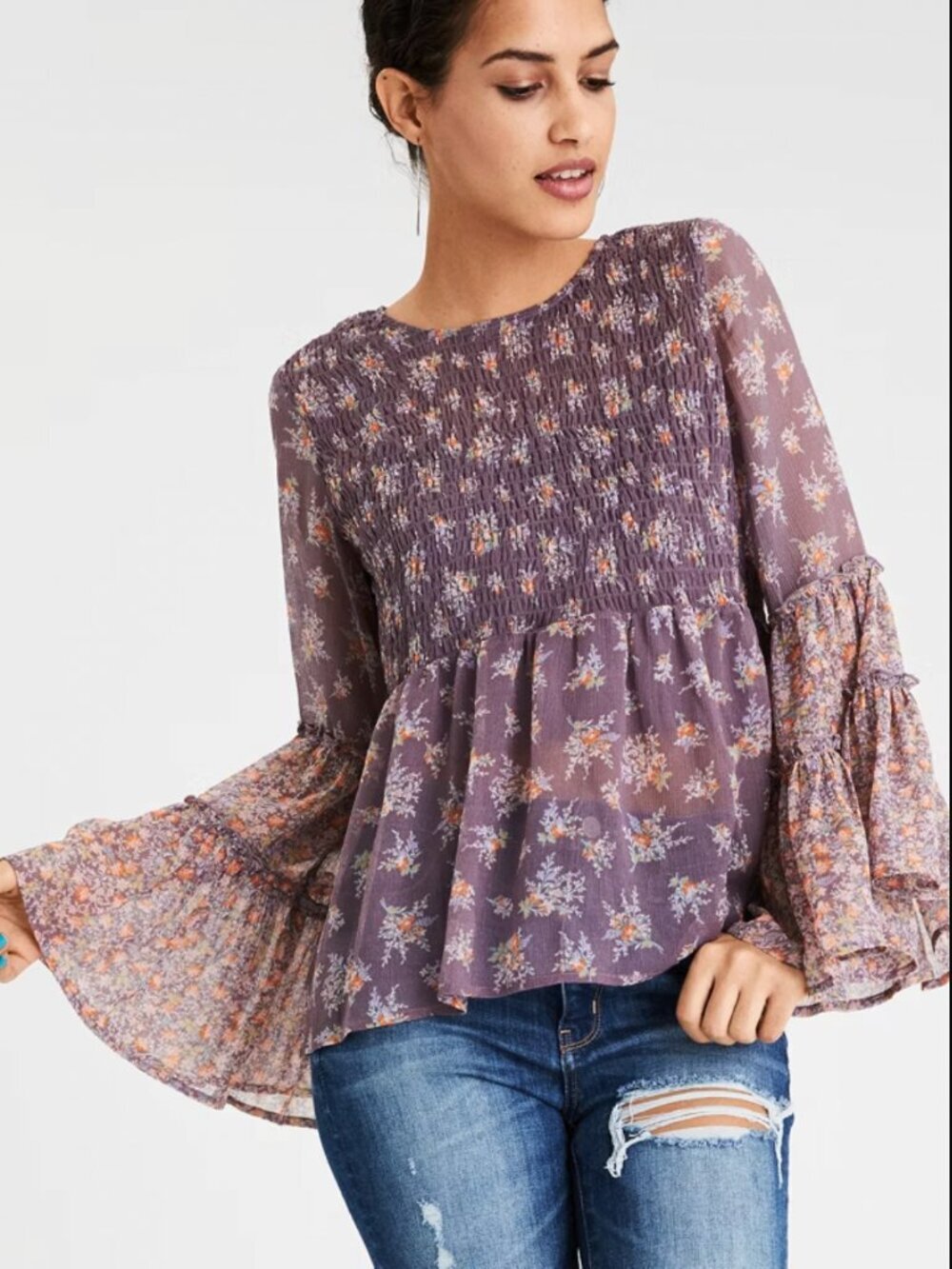 NWT American Eagle Chiffon Smocked Tunic Lively Lilac floral bell sleeves Sz XS